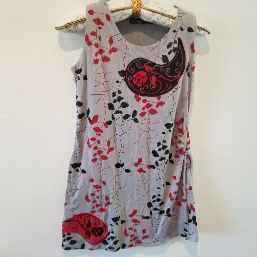 New Leopard & Roses Embroidered Tunic Tank Top Women Scoop Neck Small Multicolor